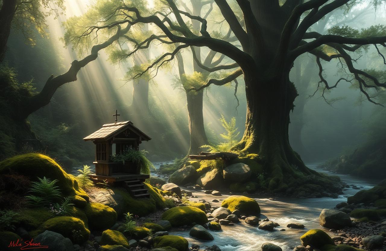 A small mossy shrine beside a wild river, reclaimed by ferns and old trees
