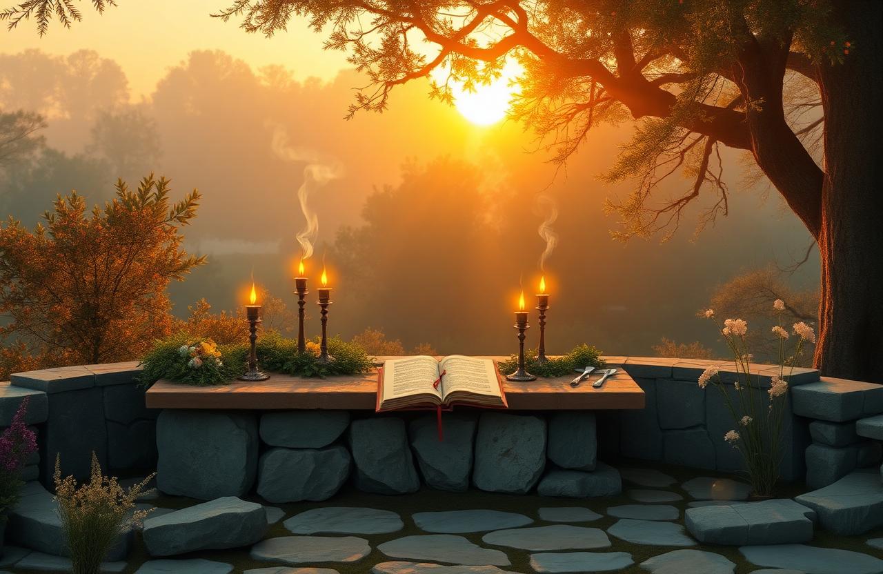 A dawn-lit altar with oil lamps, garlands, and an open hymn scroll