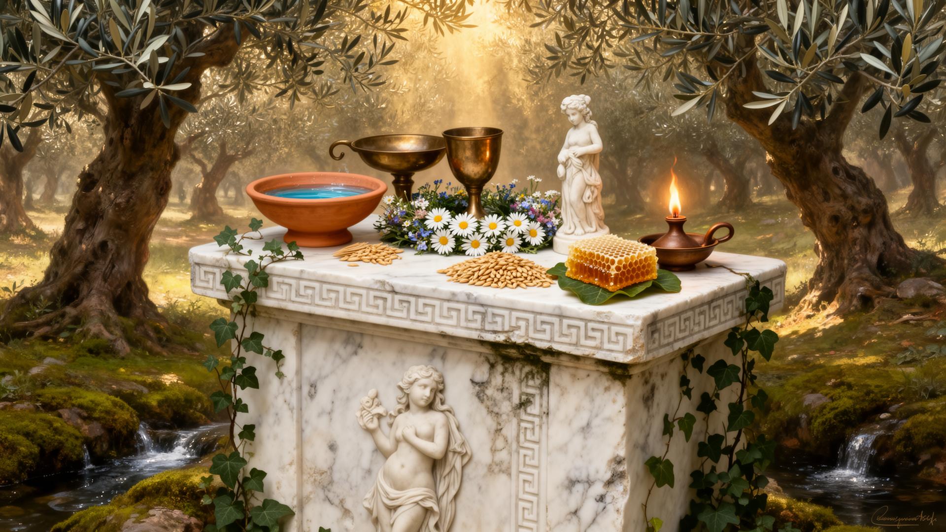 A small woodland shrine with offerings